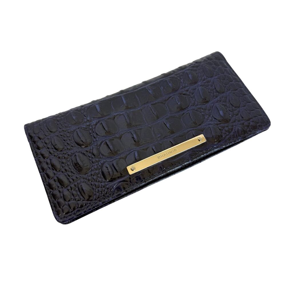 Brahmin Ady Slim Bifold Wallet in Blue/Black Melbourne Croc-Embossed Leather